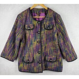 Sz XL Bohemian Blazer Multicolor Tweed Buttons Pockets Coat Jacket Career Office
